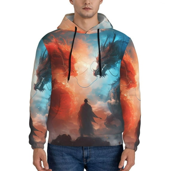 Balery Red And Blue Sky Dragon Pattern Mens Hoodie Kangaroo Pocket Hoodie Pullover Hooded Sweatshirt Ideal for Daily Wear Travel and Home-X-Large