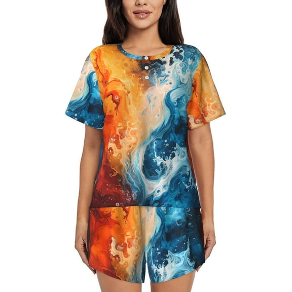 Balery Red And Blue Waves Pattern Womens Pajama Sets 2 Piece Soft Short Sleeve Top and Shorts Sleepwear Round Neck Pjs Lounge Set with Pockets-X-Large