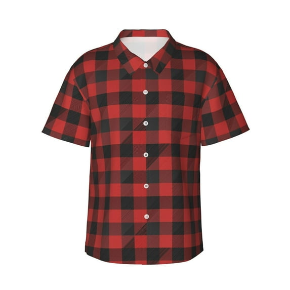 Balery Red Black Plaid Print Men's Hawaiian Shirts Short Sleeve Beach Shirt Relaxed Fit Vacation Button Down Shirts-Small