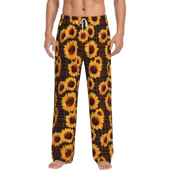 Balery Red Black Plaid Sunflower print Men's Pajama Pants,Ultra Lightweight Pjs,Lounge Pant-Large