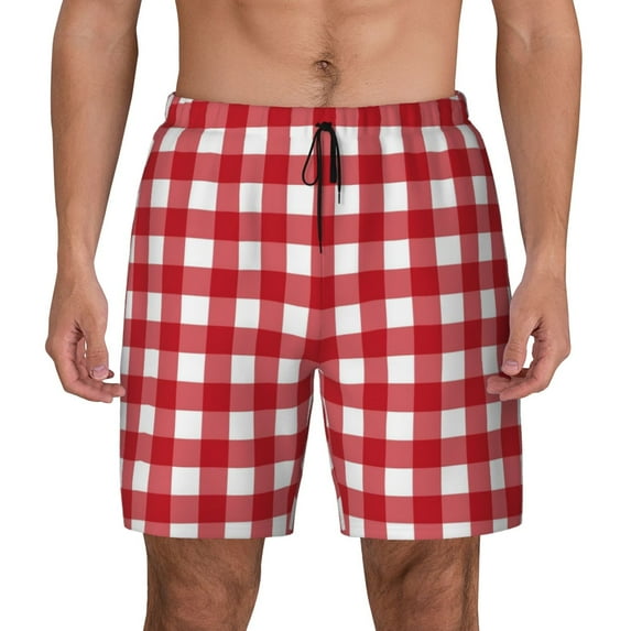 Balery Red Checkboard Mens Swim Trunks Swim Shorts for Men Quick Dry Inseam Beach Shorts with Compression Liner Pocket-Medium