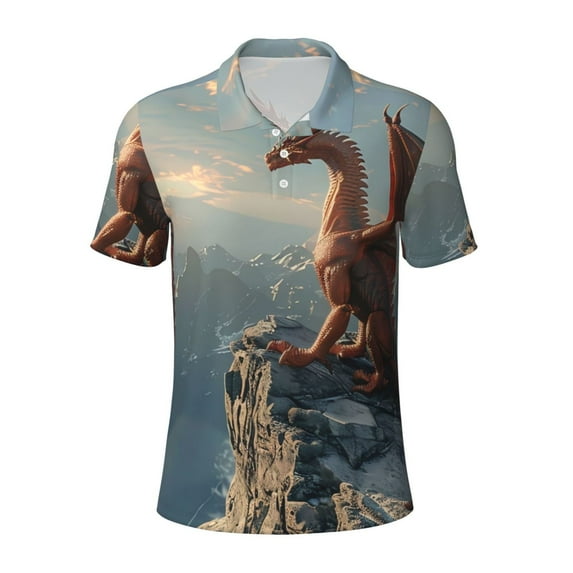 Balery Red Dragon Mountain Sunrise Printed Men’s Short Sleeve Polo Shirt, Midweight Men's Shirt,Golf Polo shirts -XX-Large