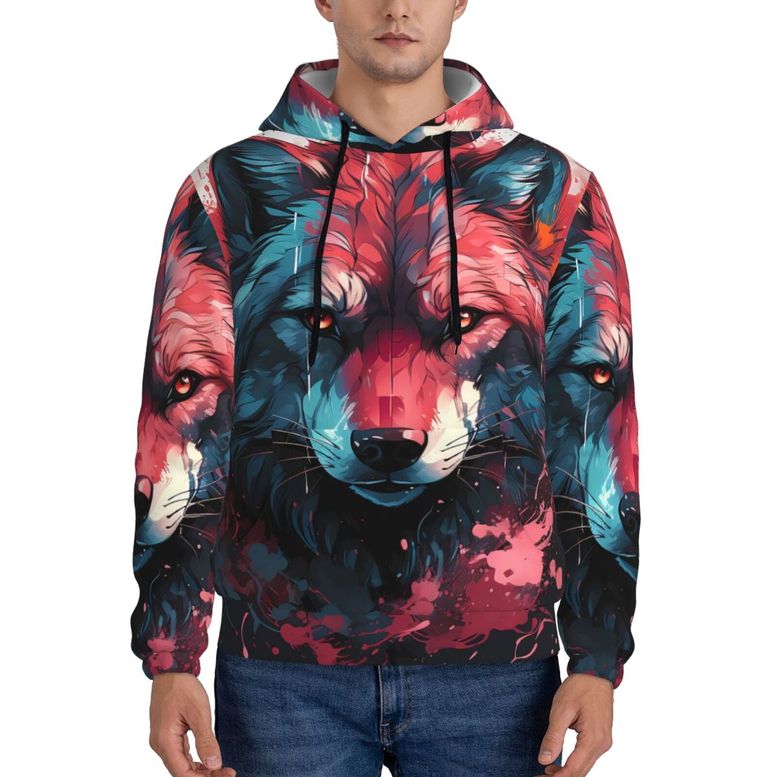 Balery Red Flame Wolf Head Pattern Mens Hoodie Kangaroo Pocket Hoodie