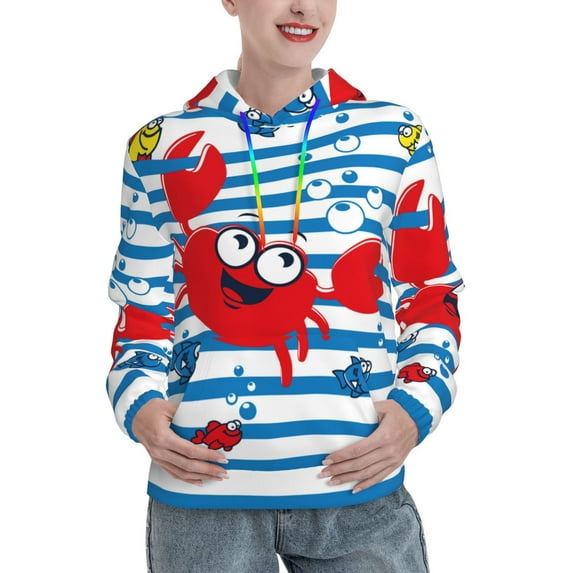 Balery Red Funny Crab on Blue Stripe Pattern Womens Long Sleeve Hoodie, Pullover Hooded Sweatshirt, Kangaroo Pocket Hoodie with Eye-catching Drawstrings-Large