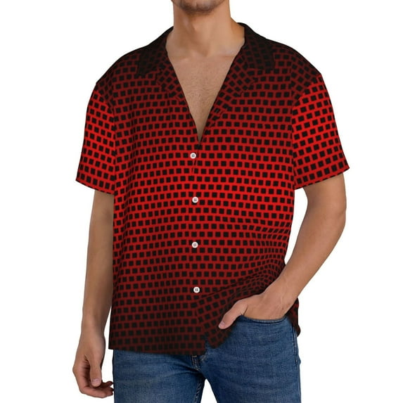 Balery Red Geometric Men's Casual Button Down Shirt Short Sleeve Textured Summer Cuban Beach Shirts-X-Large