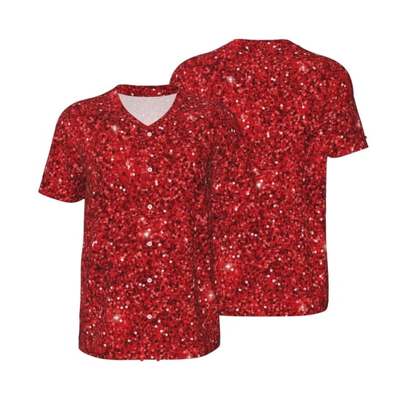 Balery Red Glitter Baseball Jersey for Men Casual Button Down Shirts Short Sleeve Active Team Sports Uniform-Small