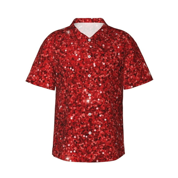 Balery Red Glitter Print Men's Hawaiian Shirts Short Sleeve Beach Shirt Relaxed Fit Vacation Button Down Shirts-XX-Large
