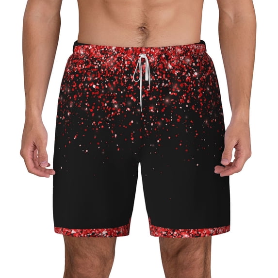 Balery Red Glitter1 Mens Swim Trunks Swim Shorts for Men Quick Dry Inseam Beach Shorts with Compression Liner Pocket-XX-Large