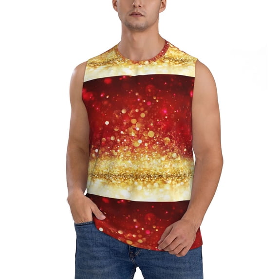 Balery Red Gold Glitter Men's Sleeveless Muscle Shirts Workout Tank Top, Moisture Wicking, Odor Protection-X-Large