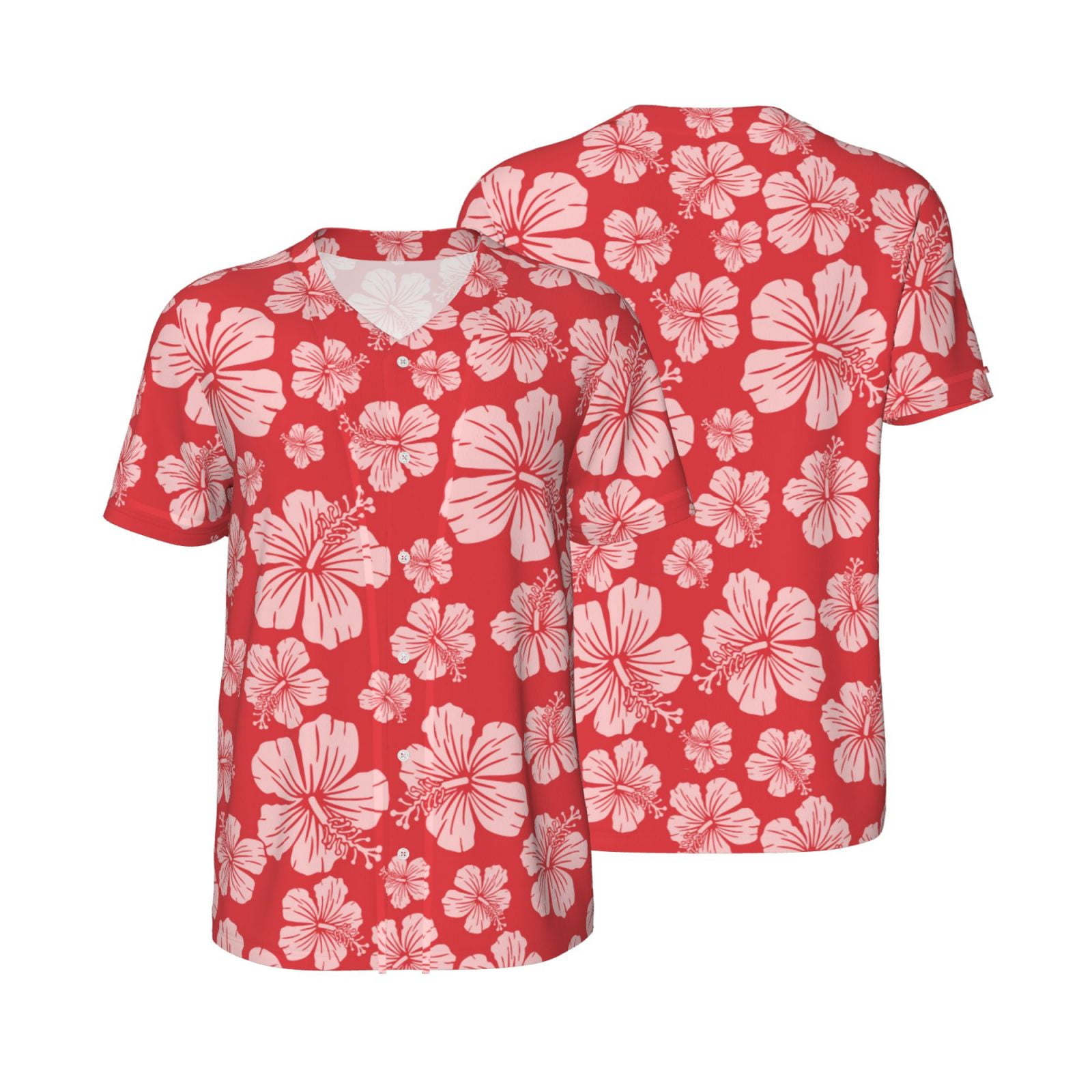 Balery Red Hibiscus Flower Baseball Jersey for Men Casual Button