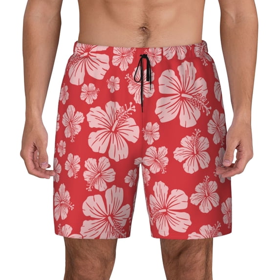 Balery Red Hibiscus Flower Mens Swim Trunks Swim Shorts for Men Quick Dry Inseam Beach Shorts with Compression Liner Pocket-Medium