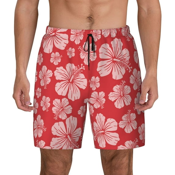 Balery Red Hibiscus Flower Mens Swim Trunks Swim Shorts for Men Quick Dry Inseam Beach Shorts with Compression Liner Pocket-Small