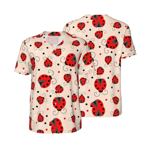 Balery Red Ladybug Baseball Jersey for Men Casual Button Down Shirts Short Sleeve Active Team Sports Uniform-X-Large