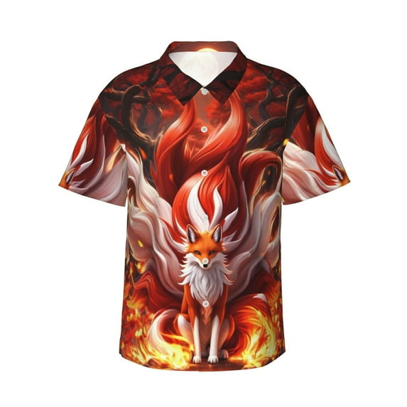 Balery Red Leaf Flame Fox Print Men's Hawaiian Shirts Short Sleeve Beach Shirt Relaxed Fit Vacation Button Down Shirts-Large