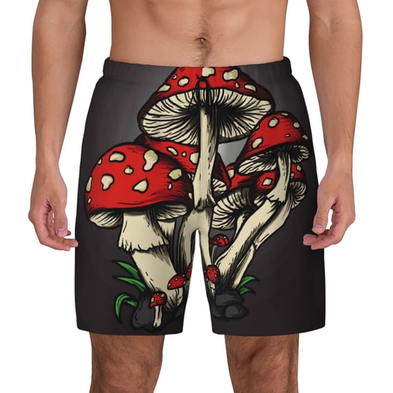 Balery Red Mushrooms Mens Swim Trunks Swim Shorts for Men Quick Dry Inseam Beach Shorts with Compression Liner Pocket-Large