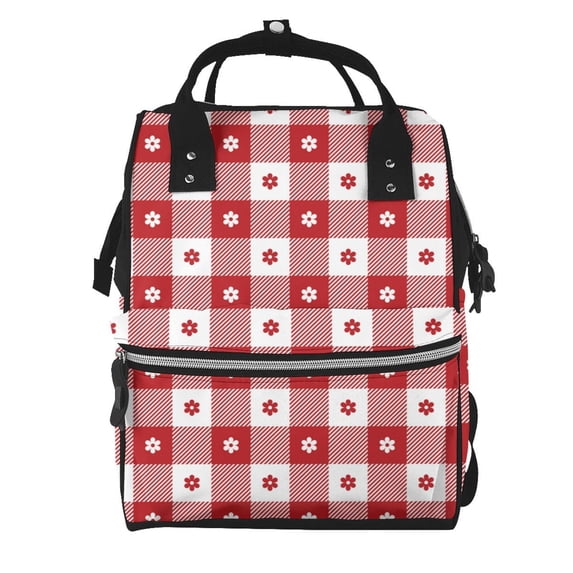 Balery Red Plaid Daisy Mummy Backpack - Waterproof Twill Canvas, Large Capacity Diaper Bag with Multiple Pockets and Adjustable Straps