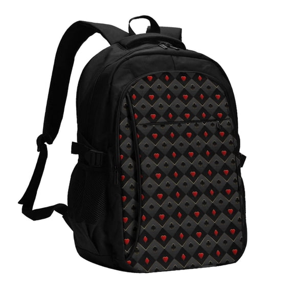 Balery Red Poker Print USB Charging Backpack for Men and Women - Water-Resistant, Anti-Theft Laptop Backpack with USB Port for Travel, Work, School, and College