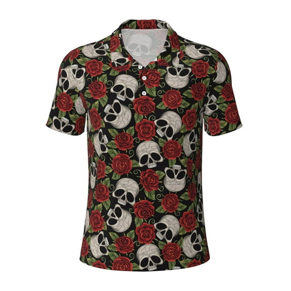 Balery Red Rose Skull Printed Men’s Short Sleeve Polo Shirt, Midweight Men's Shirt,Golf Polo shirts -3X-Large