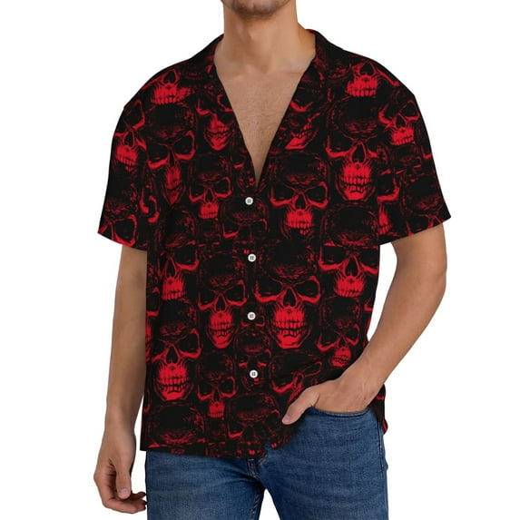 Balery Red Skulls 2 Men's Casual Button Down Shirt Short Sleeve Textured Summer Cuban Beach Shirts-XX-Large