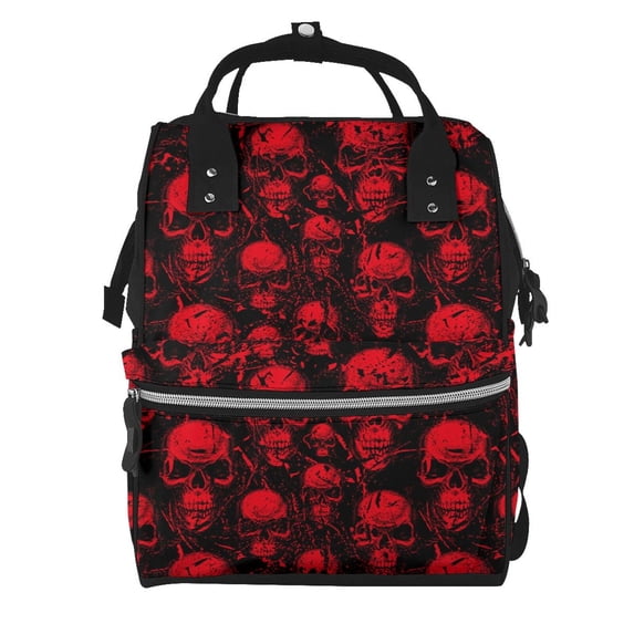 Balery Red Skulls Mummy Backpack - Waterproof Twill Canvas, Large Capacity Diaper Bag with Multiple Pockets and Adjustable Straps