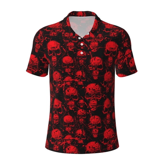 Balery Red Skulls Printed Men’s Short Sleeve Polo Shirt, Midweight Men's Shirt,Golf Polo shirts -X-Large