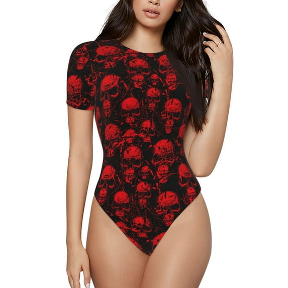Balery Red Skulls Women's Short Sleevee Crew Neck Bodysuit Tops Short Sleeve Tops Basic-Large