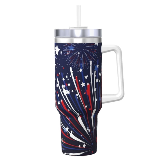 Balery Red White Blue Fireworks 1 Pattern 40oz Stainless Steel Tumbler Double Wall Vacuum Insulated Water Bottle Ice Bully Insulated Tumbler With Handle And 2 in 1 Straw Lid