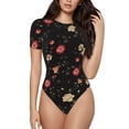 thumbnail image 1 of Balery Red White Flowers Women's Short Sleevee Crew Neck Bodysuit Tops Short Sleeve Tops Basic-Small, 1 of 9