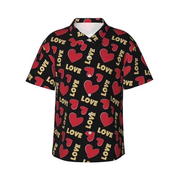 Balery Red gold heart Print Men's Hawaiian Shirts Short Sleeve Beach Shirt Relaxed Fit Vacation Button Down Shirts,3X-Large