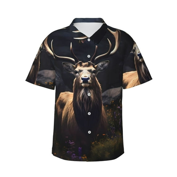 Balery Regal Stag In Forest Print Men's Hawaiian Shirts Short Sleeve Beach Shirt Relaxed Fit Vacation Button Down Shirts-XX-Large