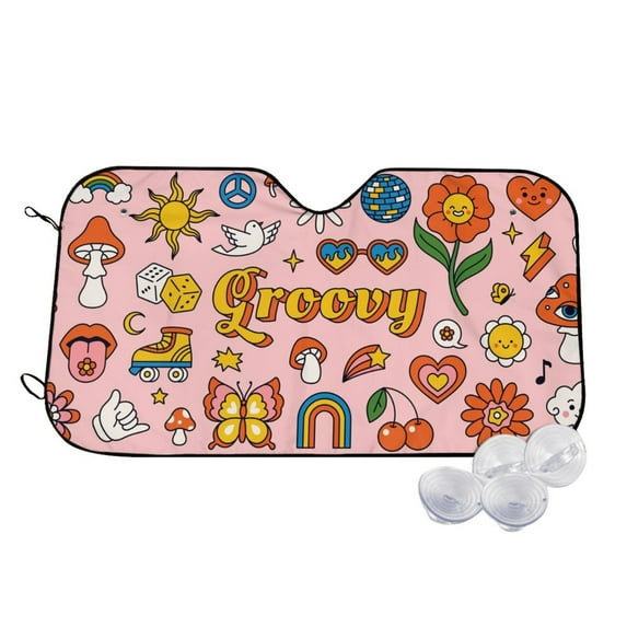 Balery Retro 70s Hippie Print Car Windshield Sun Shade,Windshield Sunshade for Car Pickup Truck SUV Accessories-Small