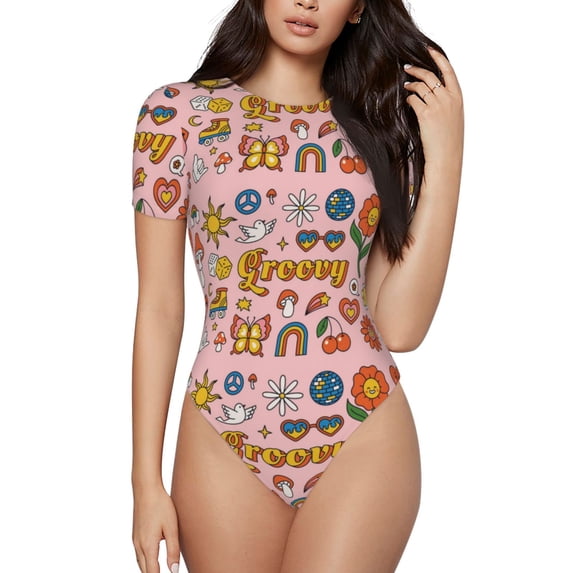 Balery Retro 70s Hippie Women's Short Sleevee Crew Neck Bodysuit Tops Short Sleeve Tops Basic-Large