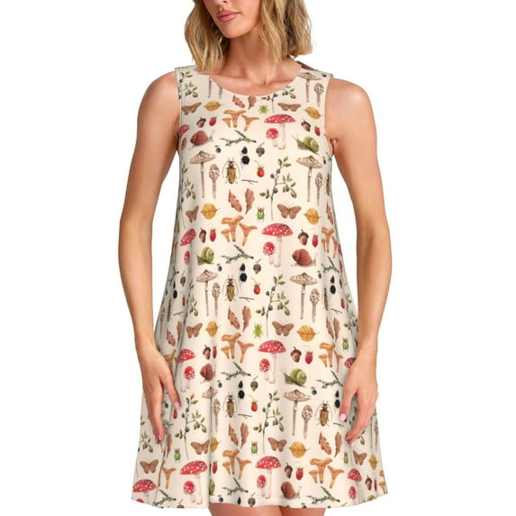 Balery Retro Autumn Mushrooms Pattern Women’s Summer Dresses – Loose Sleeveless Sundress, Casual and Comfortable Beach Dress for Hot Days