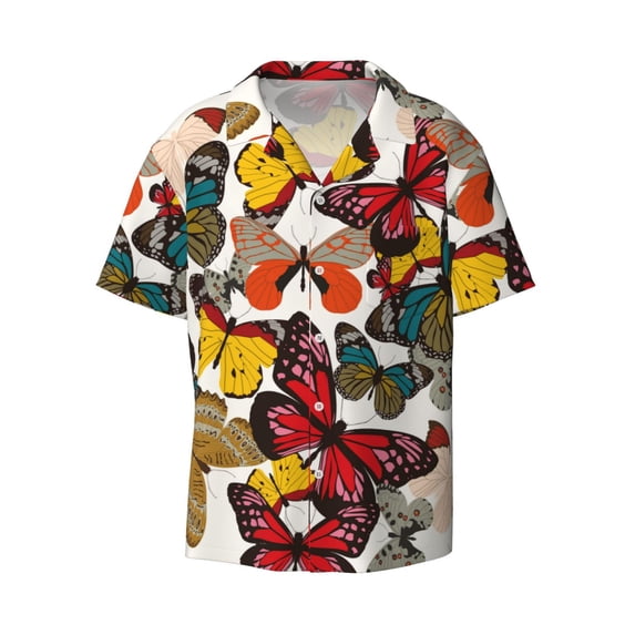 Balery Retro Floral Butterfly Men's Casual Button Down Shirt Short Sleeve Textured Summer Cuban Beach Shirts-3X-Large
