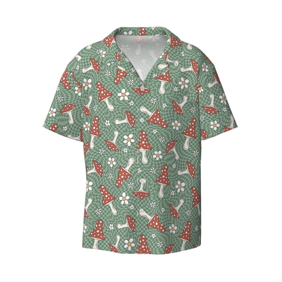 Balery Retro Hippie Groovy Mushroom Men's Casual Button Down Shirt Short Sleeve Textured Summer Cuban Beach Shirts-Medium