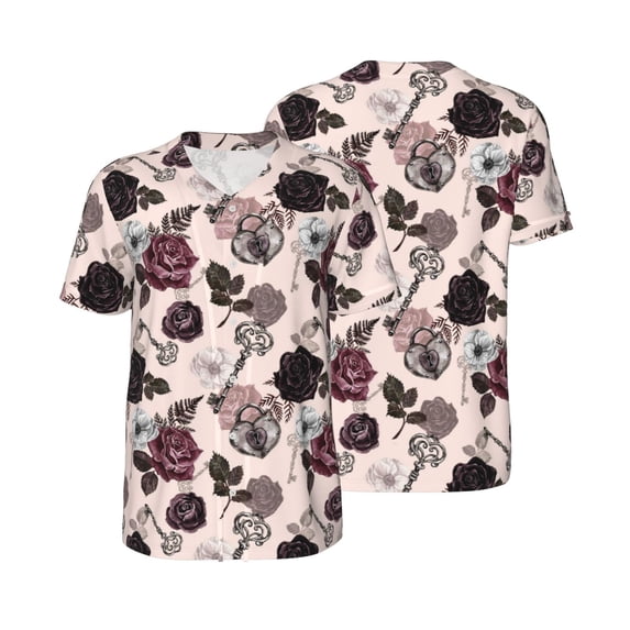 Balery Retro Red Black Roses Baseball Jersey for Men Casual Button Down Shirts Short Sleeve Active Team Sports Uniform-X-Large