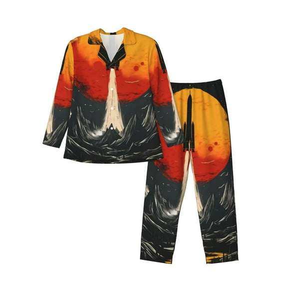 Balery Retro Space Rocket Launch Pattern Pajama Sets for Men Long Sleeve 2 Piece Sleepwear Loungewear Sets Soft PJ's with Pockets Long Sleeve Comfy Pj Sets-
