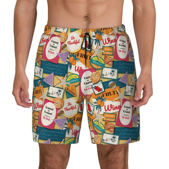 Balery Retro Summer Stamp Mens Swim Trunks Swim Shorts for Men Quick Dry Inseam Beach Shorts with Compression Liner Pocket-3X-Large