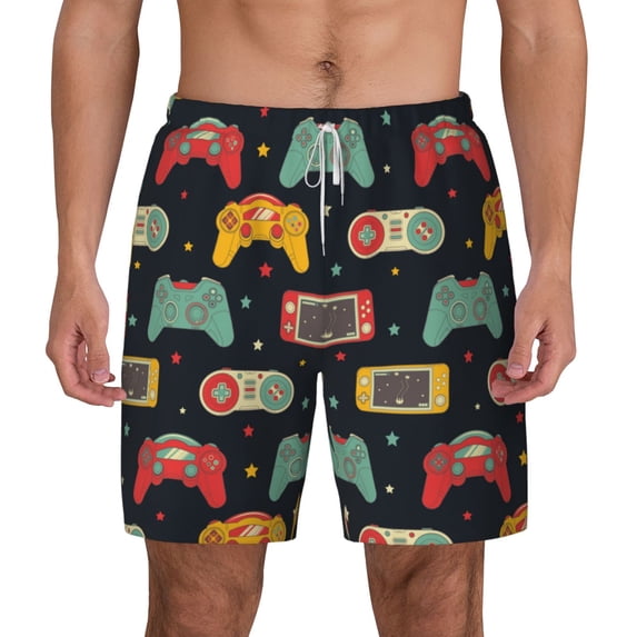 Balery Retro Video Game Mens Swim Trunks Swim Shorts for Men Quick Dry Inseam Beach Shorts with Compression Liner Pocket-Large