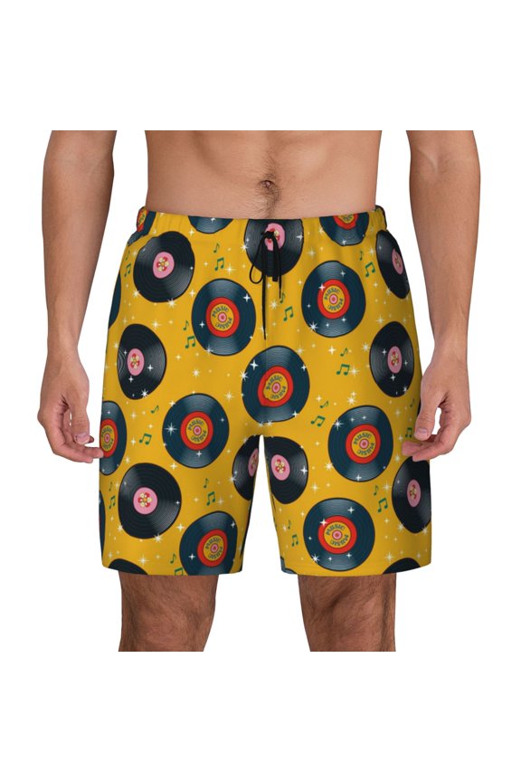 Retro Vinyl Records Mens Swim Trunks Swim Shorts for Men Quick Dry Inseam Beach Shorts with Compression Liner Pocket-X-Large