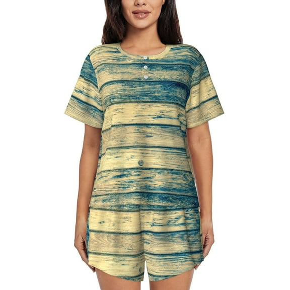 Balery Retro Wooden Pattern Womens Pajama Sets 2 Piece Soft Short Sleeve Top and Shorts Sleepwear Round Neck Pjs Lounge Set with Pockets-Large
