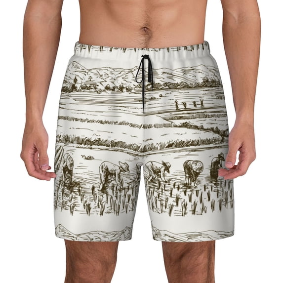Balery Rice Harvest Mens Swim Trunks Swim Shorts for Men Quick Dry Inseam Beach Shorts with Compression Liner Pocket-Large