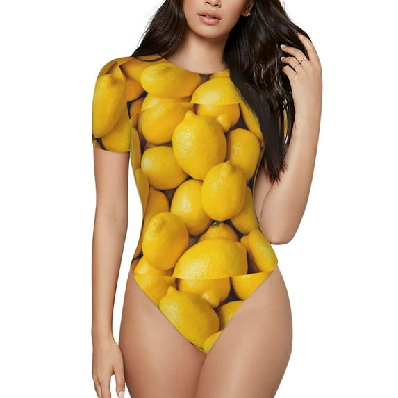 Balery Ripe Yellow Lemon Women's Short Sleevee Crew Neck Bodysuit Tops Short Sleeve Tops Basic-Medium