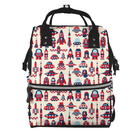 Balery Rocket Pattern Mummy Backpack - Waterproof Twill Canvas, Large Capacity Diaper Bag with Multiple Pockets and Adjustable Straps