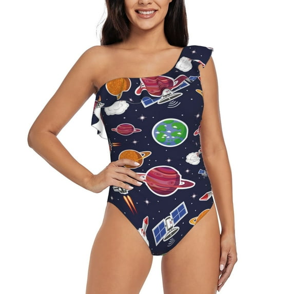 Balery Rocket Satellite One Shoulder Swimsuits for Women Ruffle Swimsuits Tummy Control One Shoulder Bathing Suits-Large
