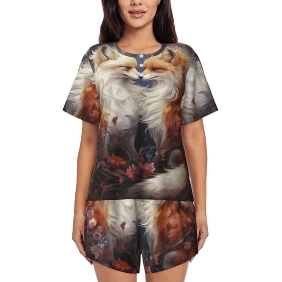 Balery Romantic Flower Fox Couple Pattern Womens Pajama Sets 2 Piece Soft Short Sleeve Top and Shorts Sleepwear Round Neck Pjs Lounge Set with Pockets-4X-Large