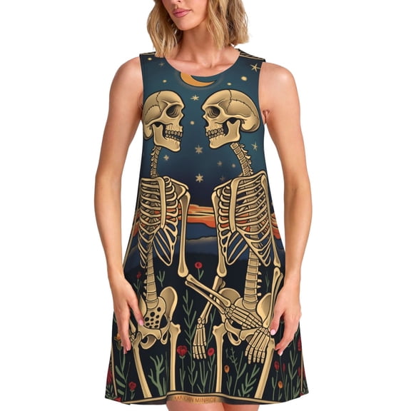 Balery Romantic Skeletons Under Moon Pattern Women’s Summer Dresses – Loose Sleeveless Sundress, Casual and Comfortable Beach Dress for Hot Days