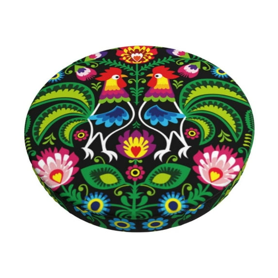 Balery Roosters And Flowers Velvet Round Bar Chair Cushion Cover Adjustable, Protects From Scratches And Stains, Soft & Washable Ideal For Wooden And Metal Stools - 13 Inch