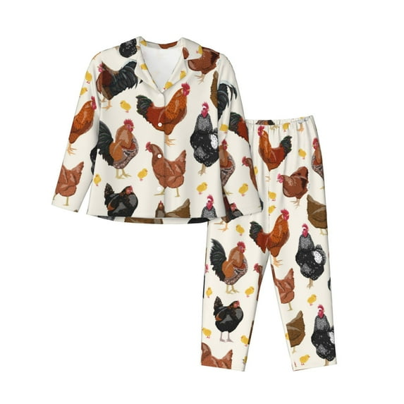 Balery Roosters and Chickens Pattern Pajama Sets for Women Long Sleeve 2 Piece Sleepwear Loungewear Sets Soft PJ's with Pockets Long Sleeve Comfy Pj Sets-X-Large