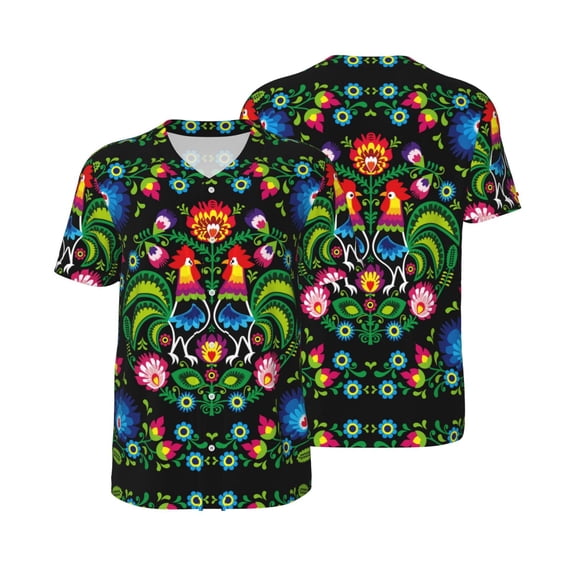 Balery Roosters and Flowers Baseball Jersey for Men Casual Button Down Shirts Short Sleeve Active Team Sports Uniform-X-Large